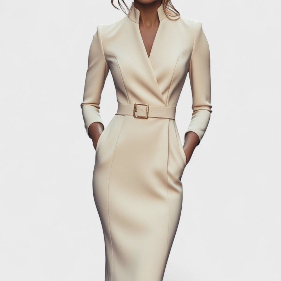 Mandarin | Refined black dress with belt and mandarin collar