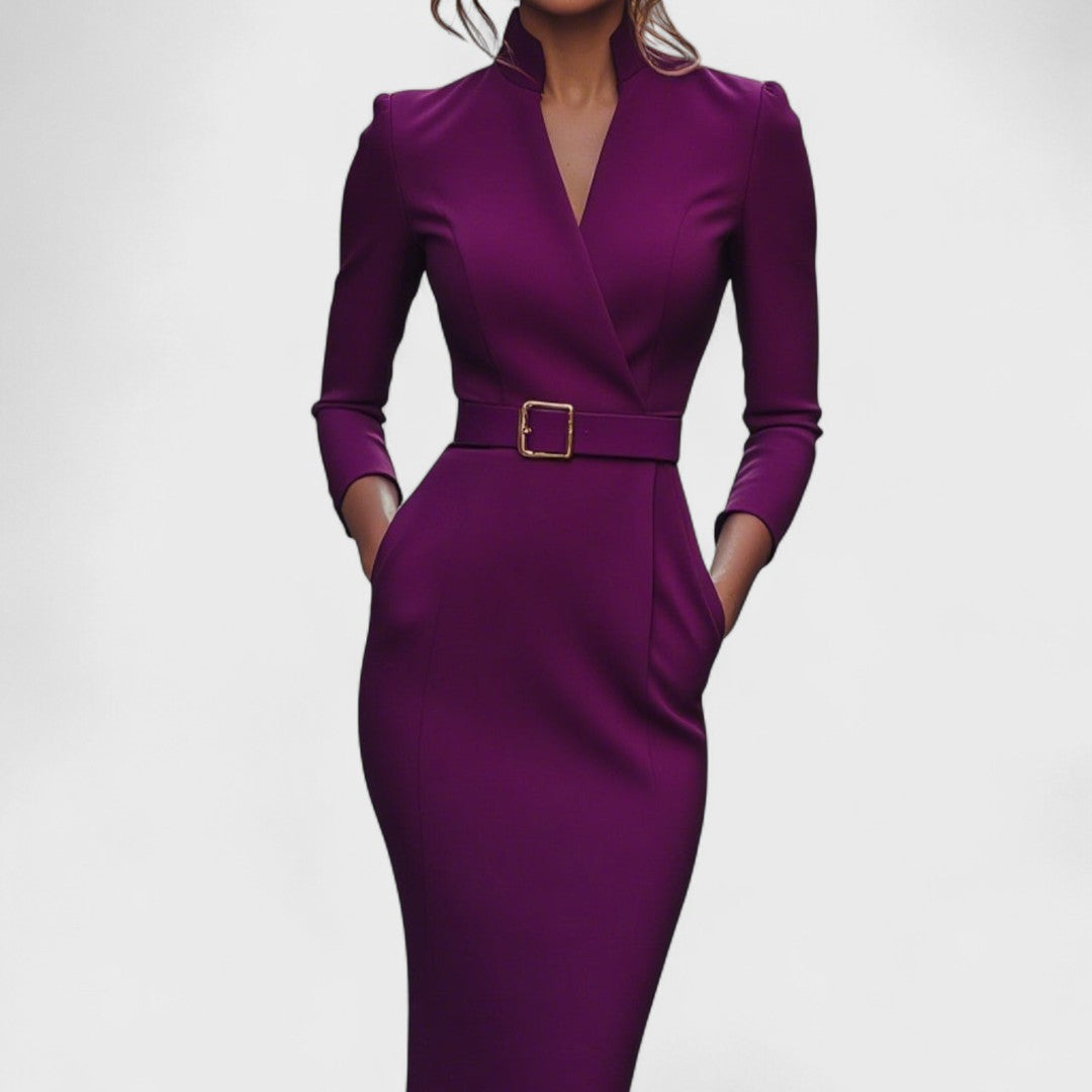 Mandarin | Refined black dress with belt and mandarin collar