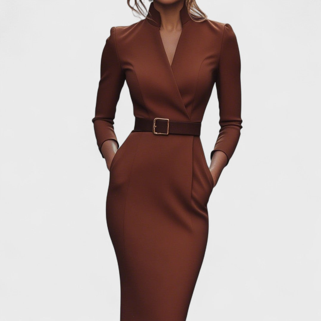 Mandarin | Refined black dress with belt and mandarin collar