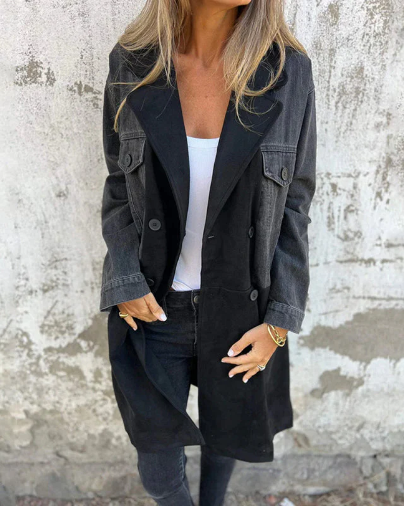 Sara | Denim and camel coat