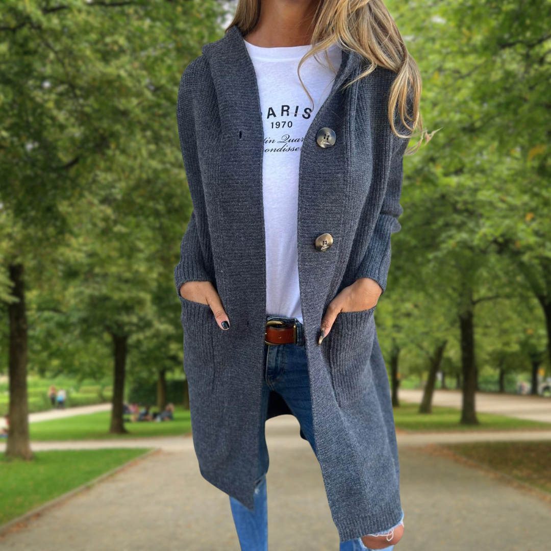 Élodie | Long hooded cardigan with large buttons