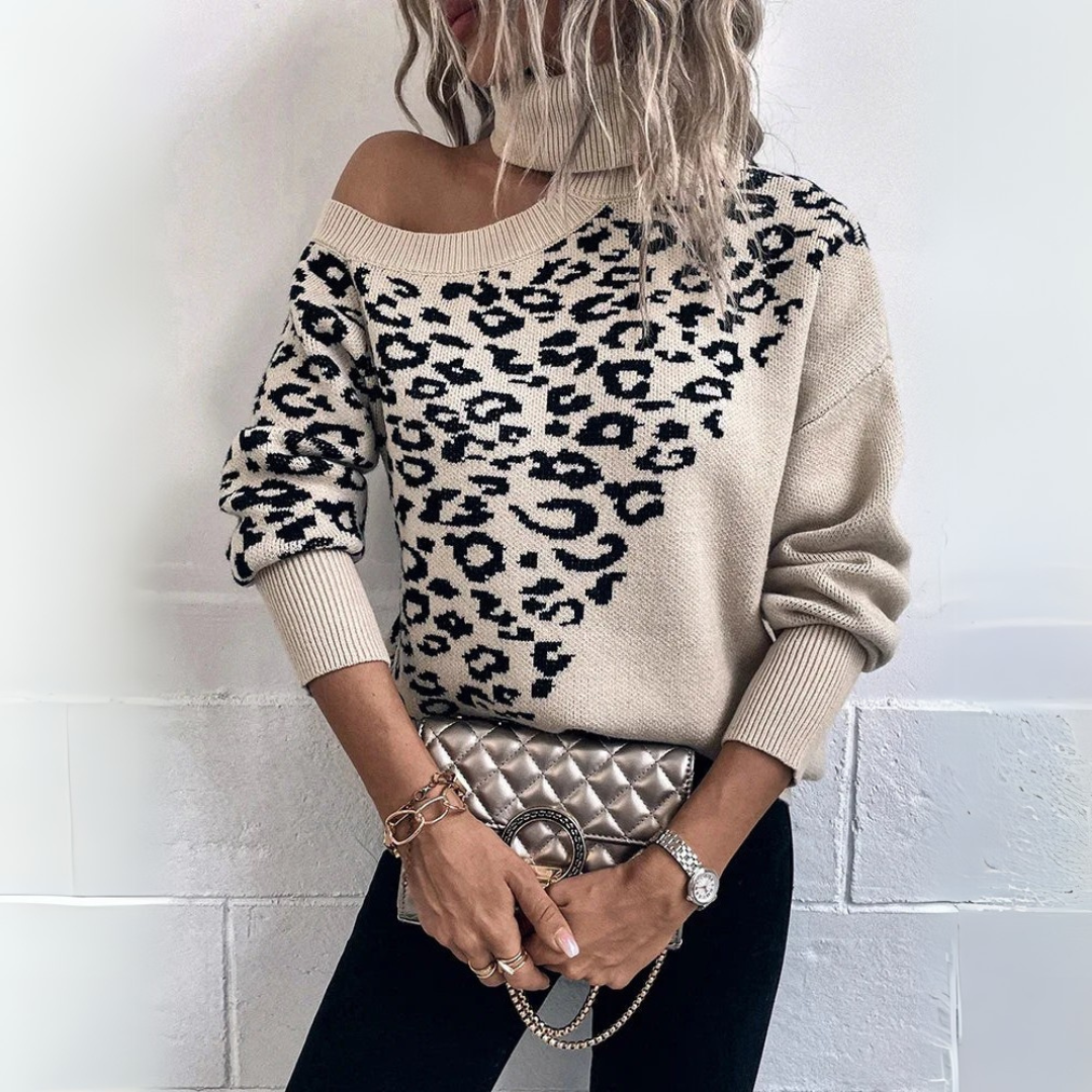 Nuria | Leopard print jersey sweater with off-the-shoulder detail