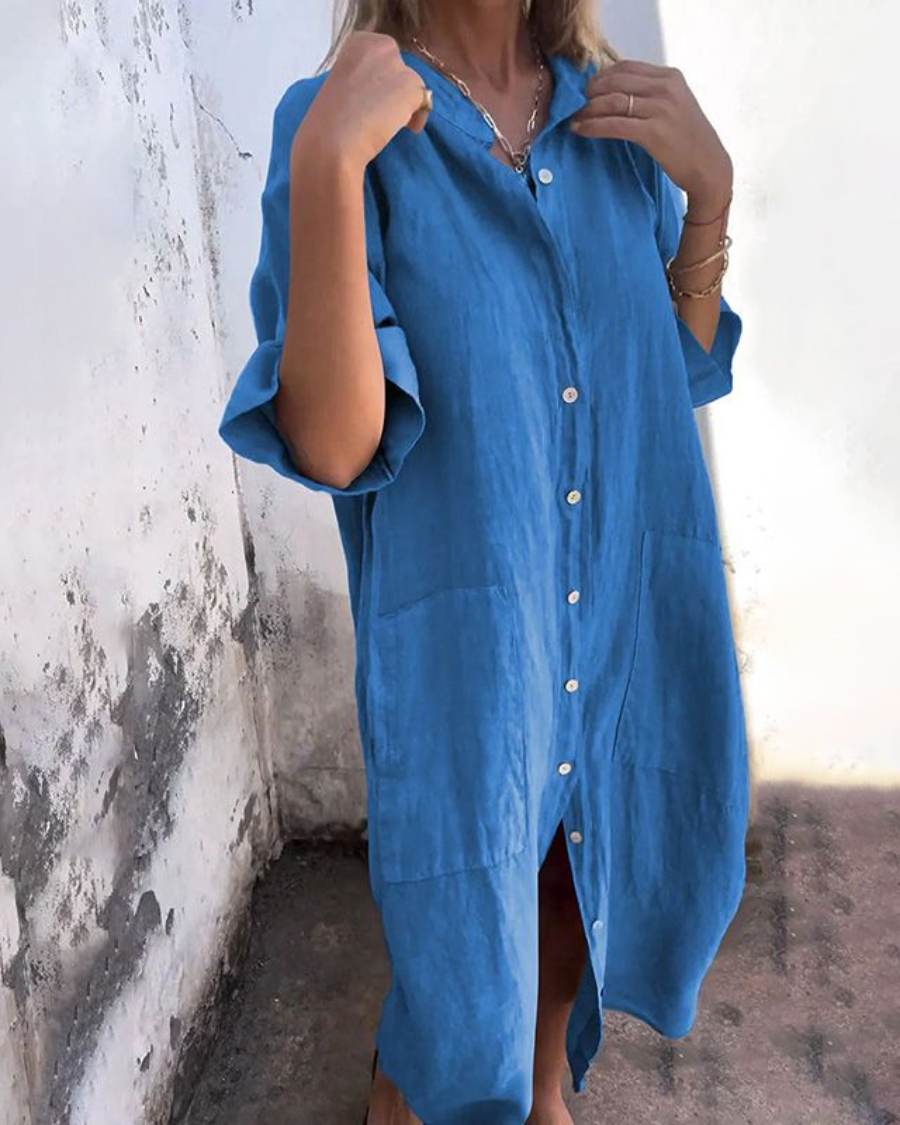 Indhira | Ibiza Style Casual Shirt Dress with Single Ruffle