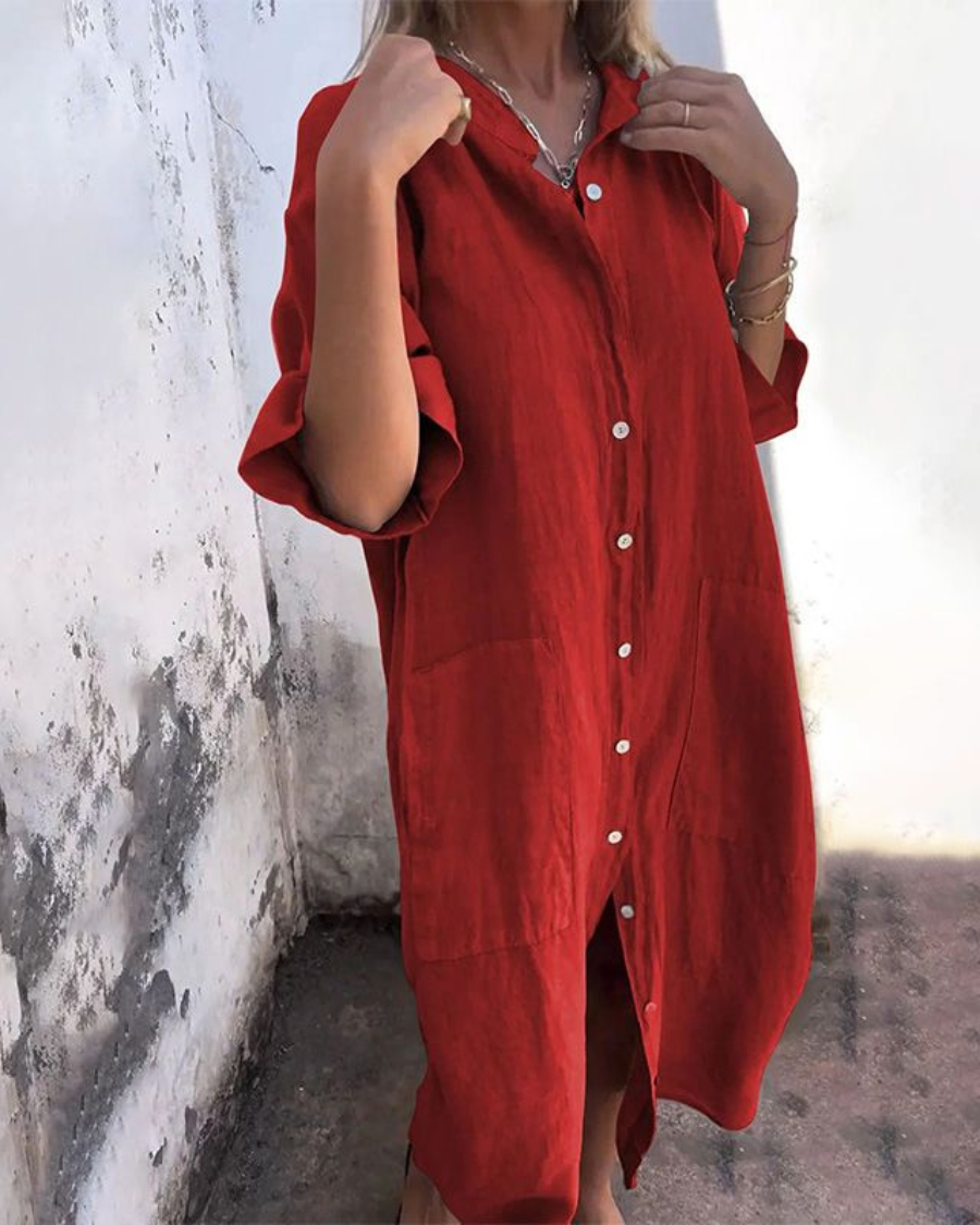 Indhira | Ibiza Style Casual Shirt Dress with Single Ruffle