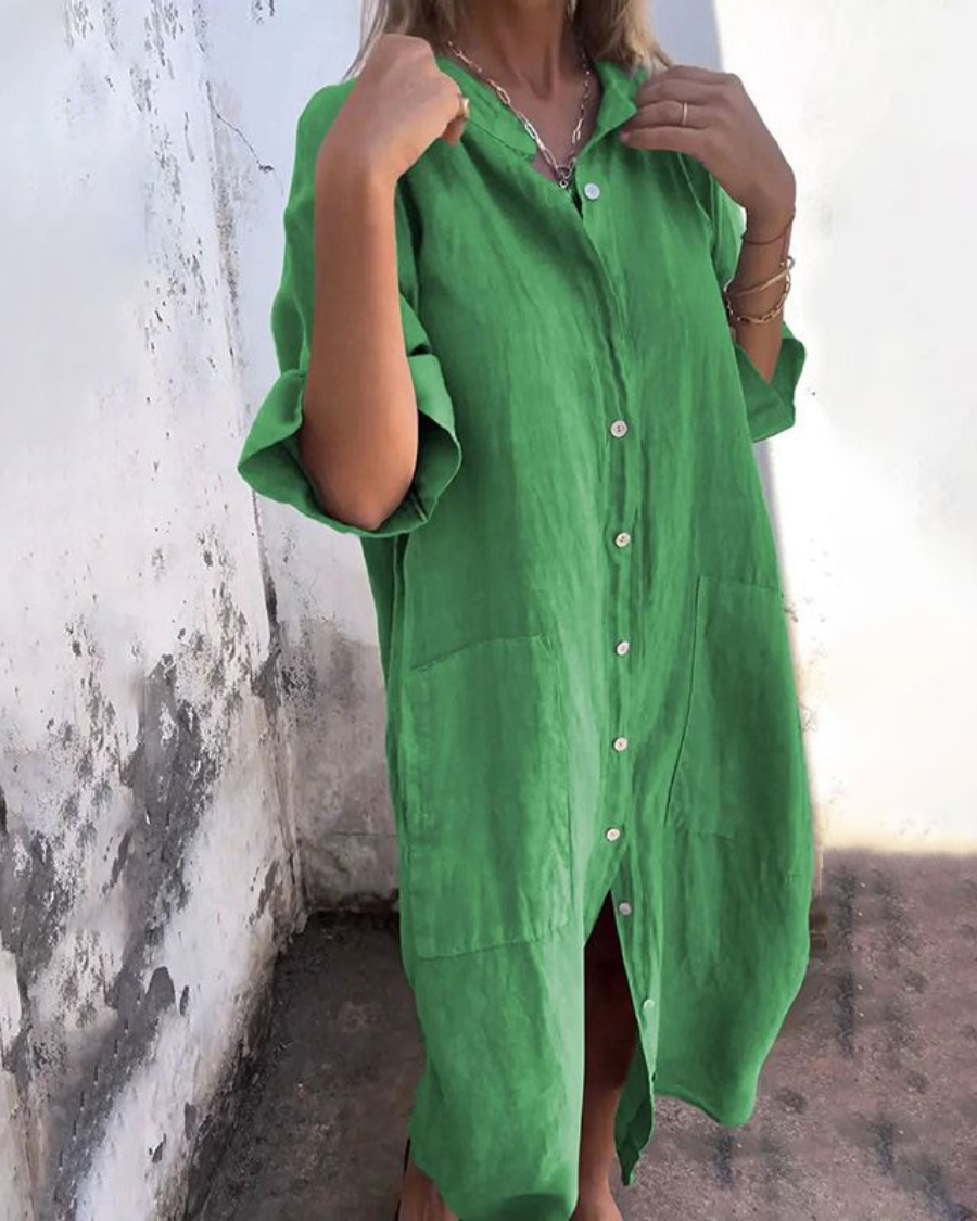Indhira | Ibiza Style Casual Shirt Dress with Single Ruffle