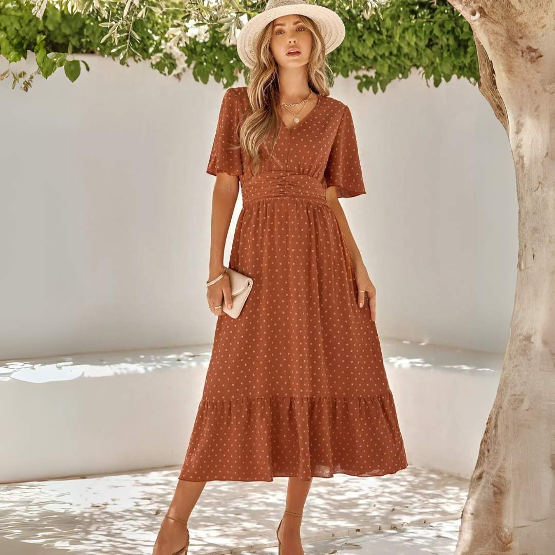 Renee | Midi dress with V-neck and short sleeves