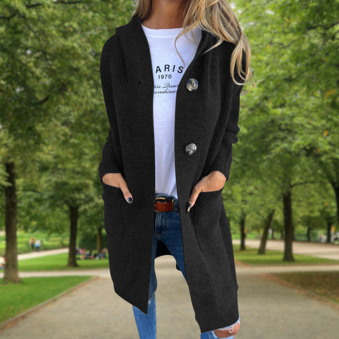 Élodie | Long hooded cardigan with large buttons