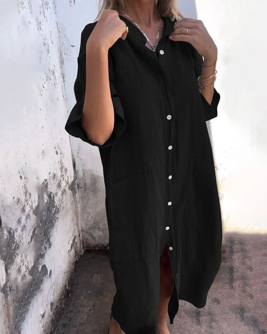 Indhira | Ibiza Style Casual Shirt Dress with Single Ruffle