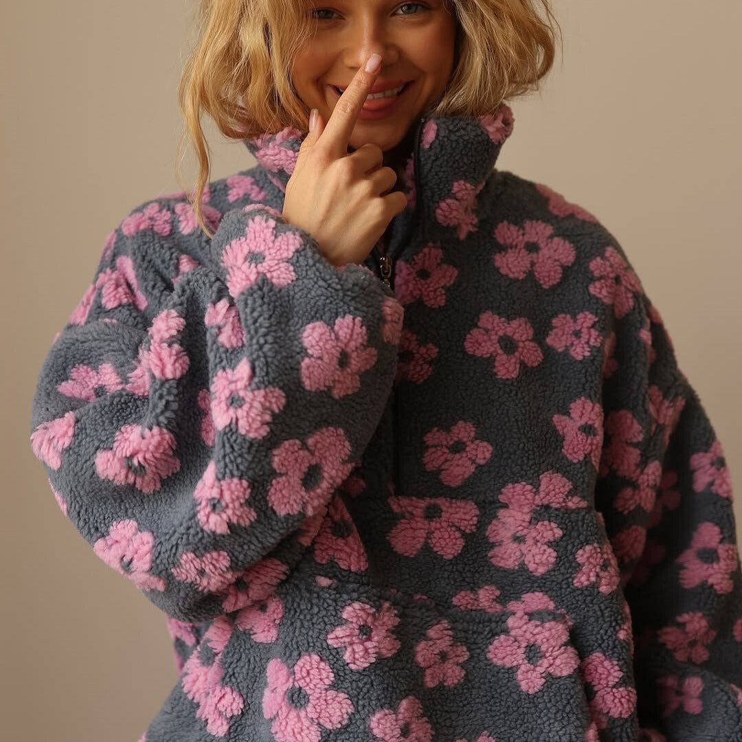 Élodie | Floral fleece sweater with zipped neck