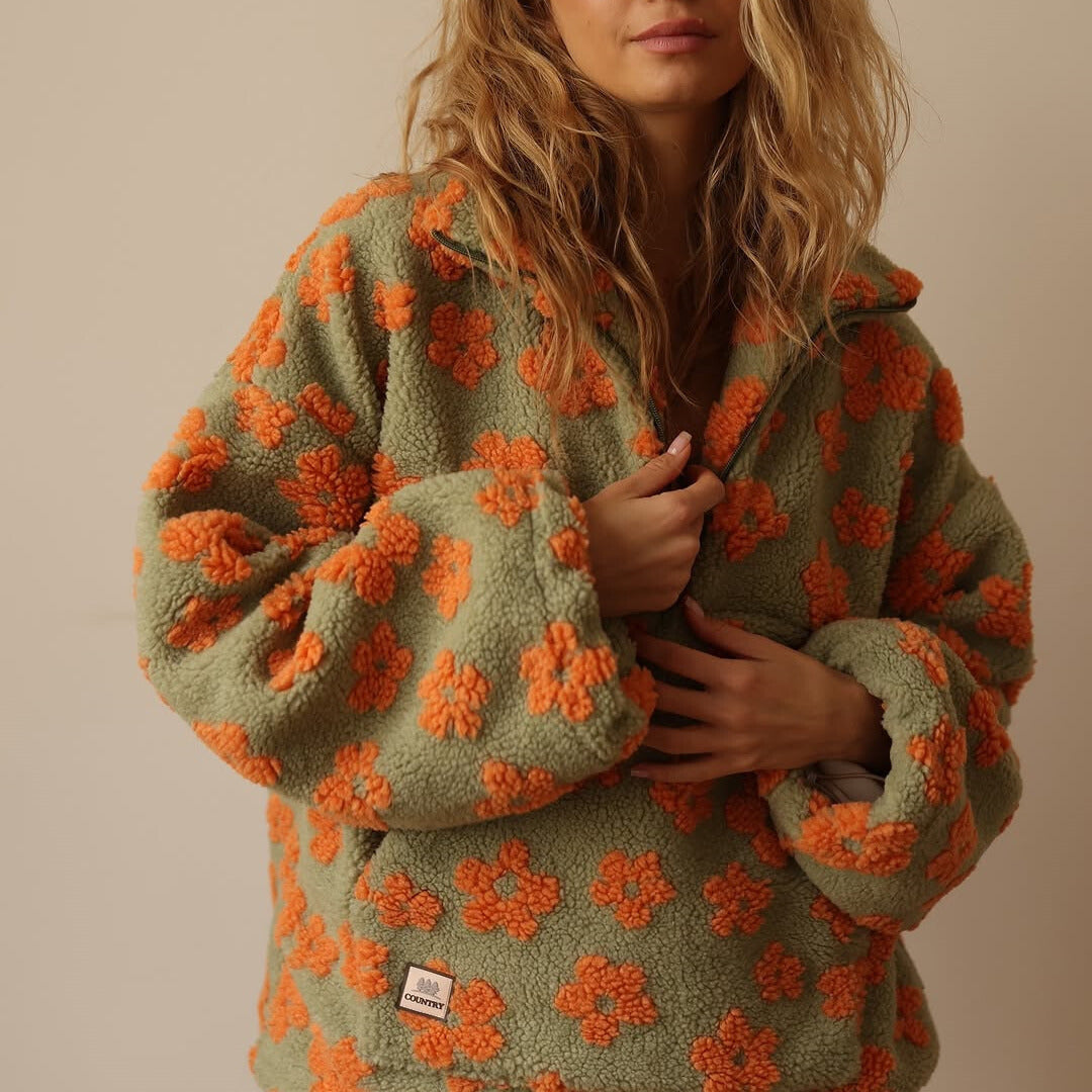 Élodie | Floral fleece sweater with zipped neck