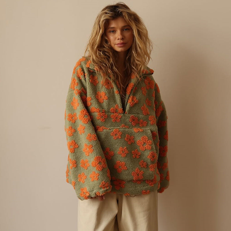 Élodie | Floral fleece sweater with zipped neck
