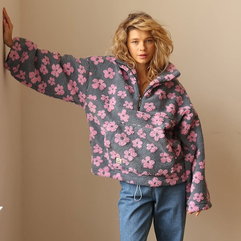 Élodie | Floral fleece sweater with zipped neck