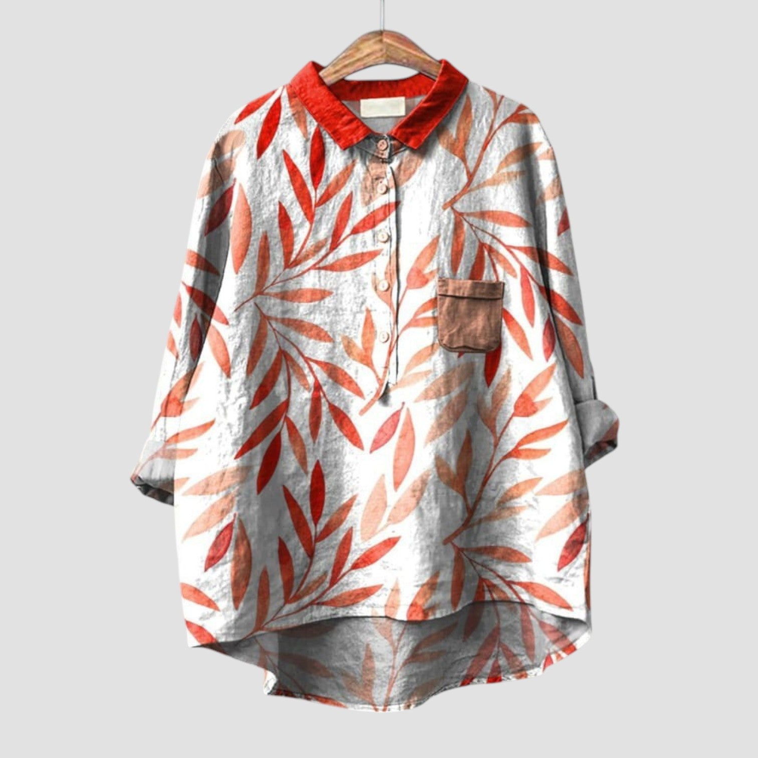 Marcella | Oversized shirt with red and beige leaf pattern
