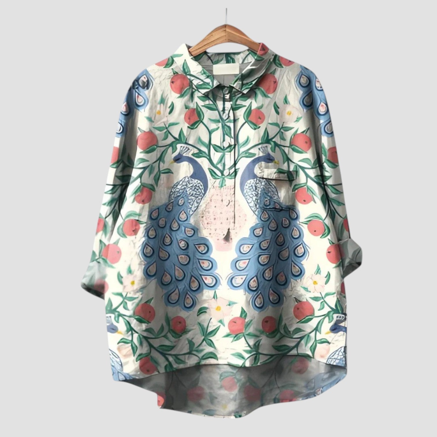 Ornella | Oversized shirt with peacock print and fruity foliage