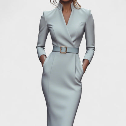 Mandarin | Refined black dress with belt and mandarin collar