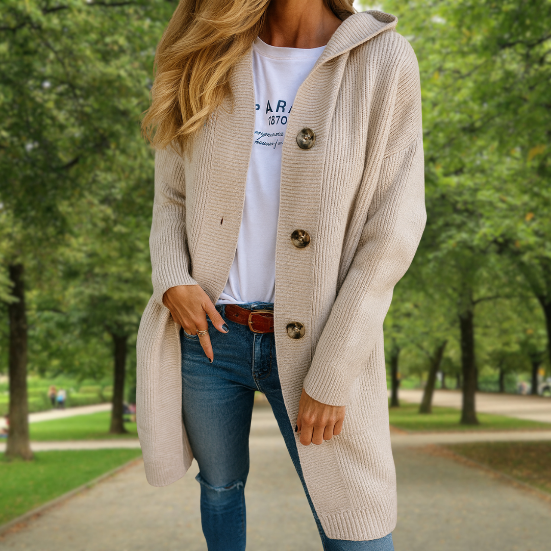 Élodie | Long hooded cardigan with large buttons
