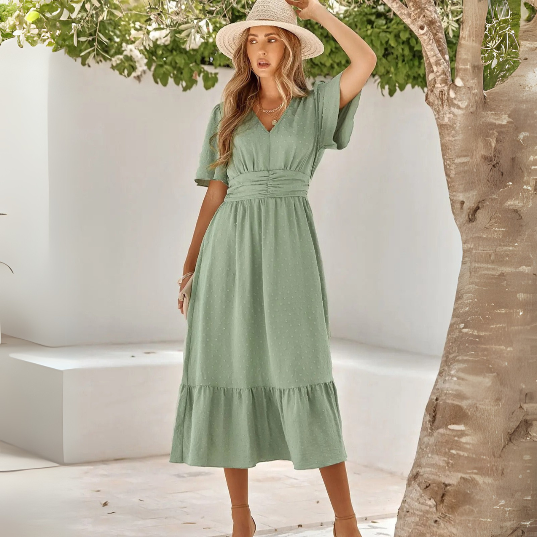 Renee | Midi dress with V-neck and short sleeves