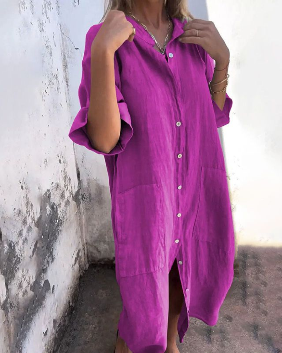 Indhira | Ibiza Style Casual Shirt Dress with Single Ruffle