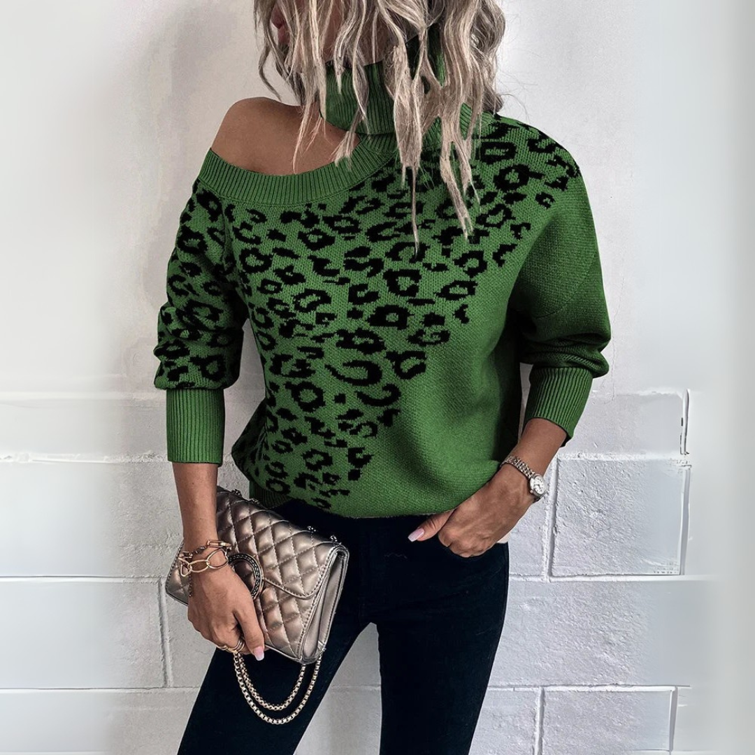 Nuria | Leopard print jersey sweater with off-the-shoulder detail