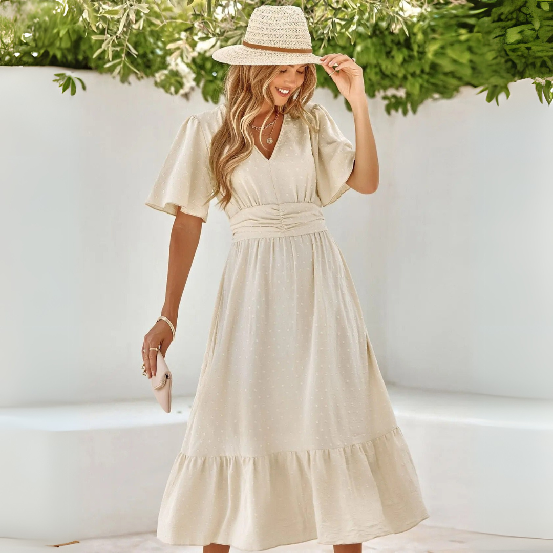Renee | Midi dress with V-neck and short sleeves