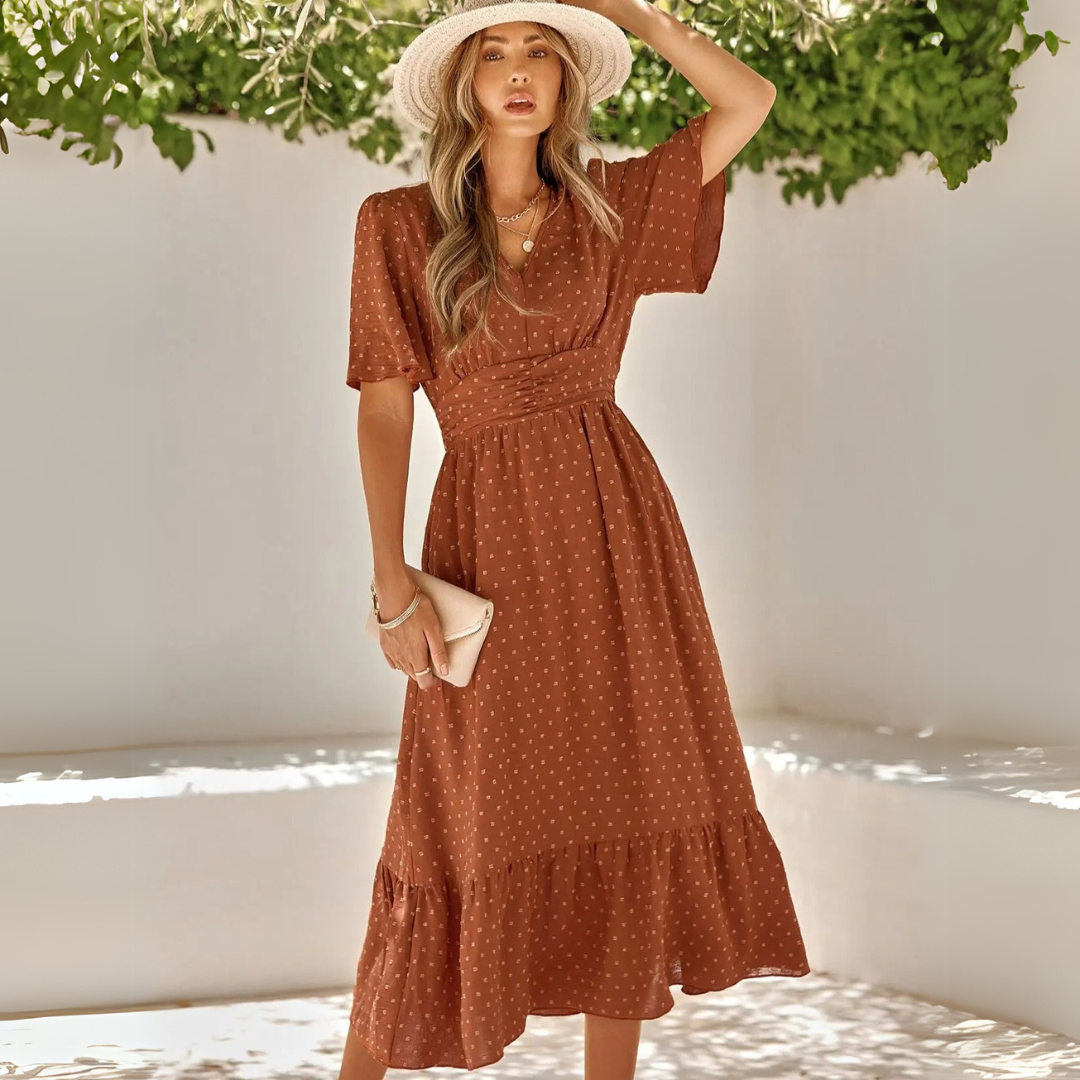 Renee | Midi dress with V-neck and short sleeves