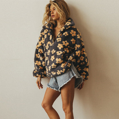 Élodie | Floral fleece sweater with zipped neck