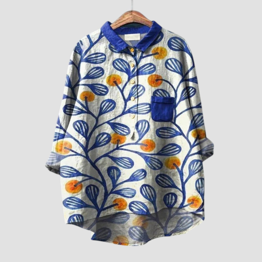 Clarissa | Oversized leaf pattern shirt in blue and yellow