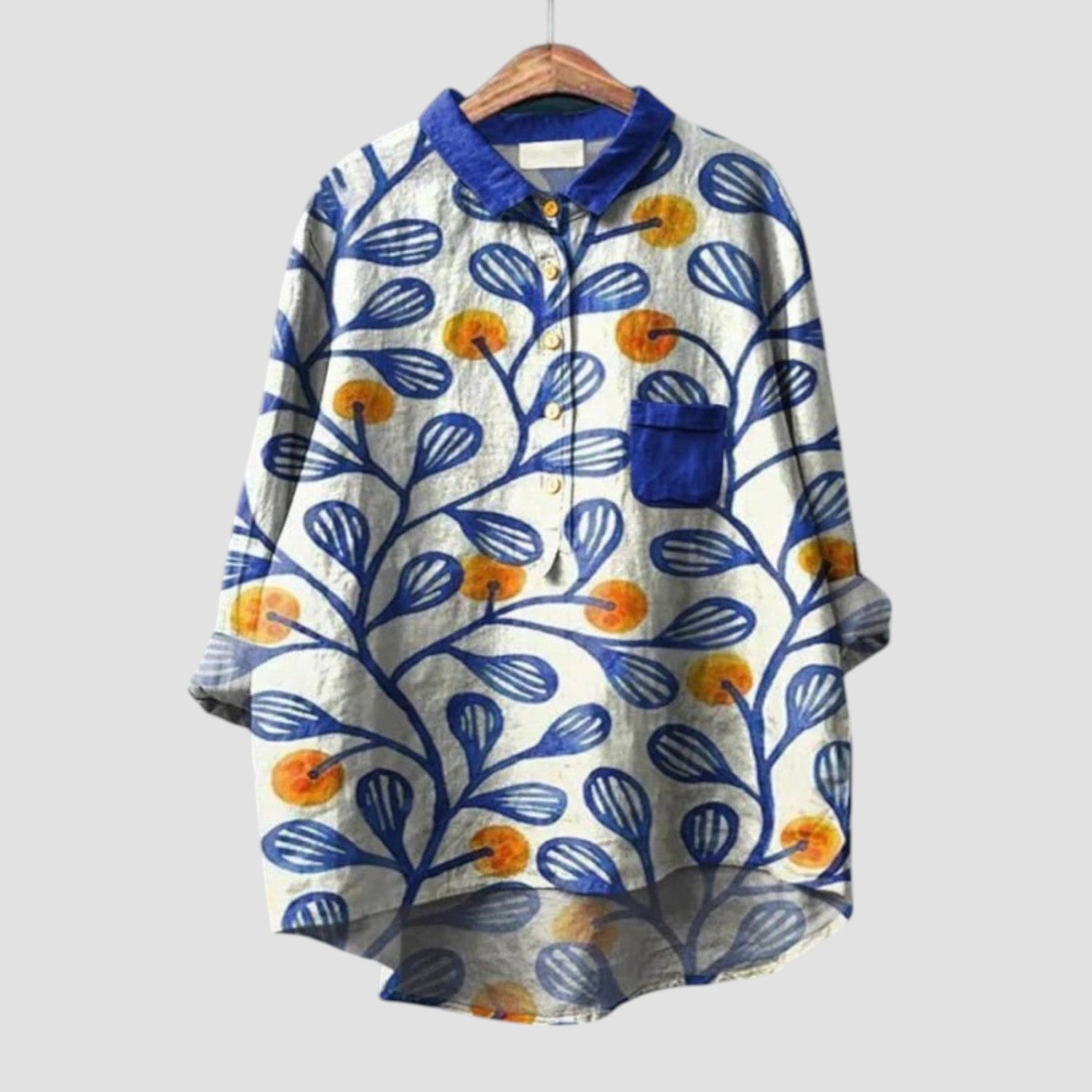 Clarissa | Oversized leaf pattern shirt in blue and yellow
