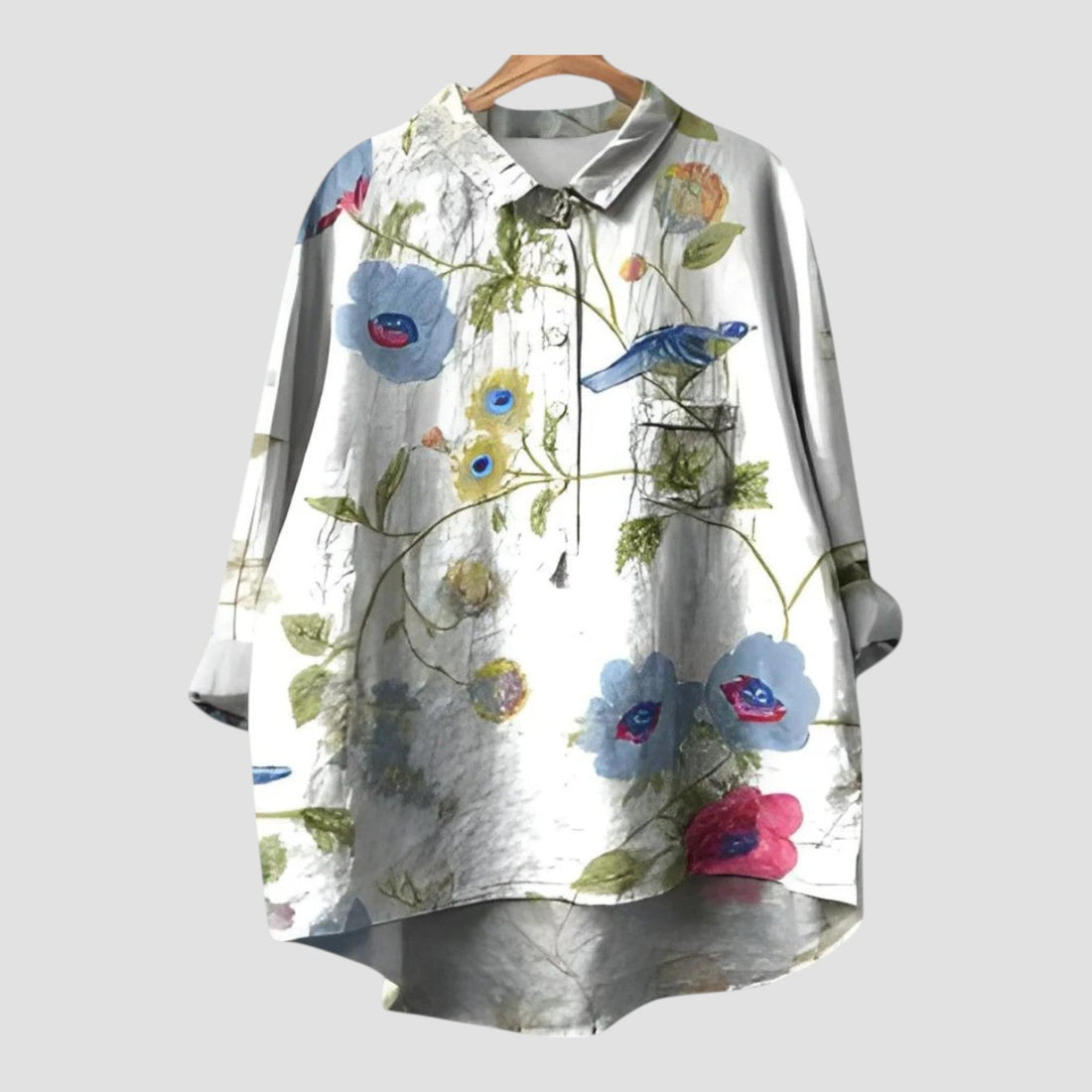 Fiorella | Oversized shirt with flowers and blue bird