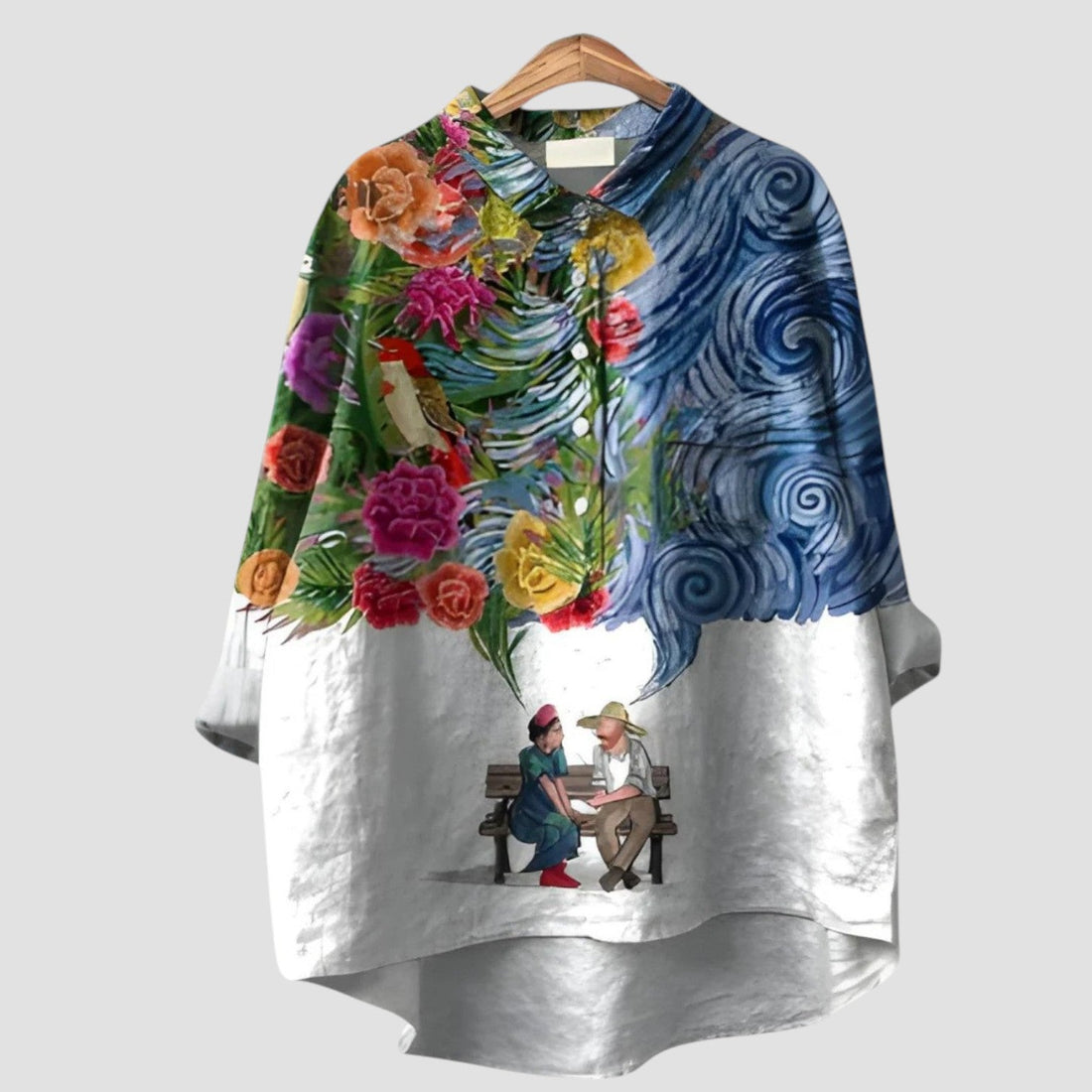Ginevra | Oversized shirt with illustrated scene and painted flowers