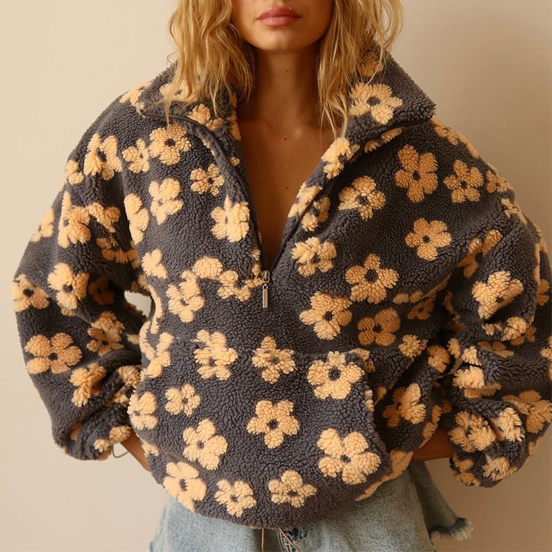 Élodie | Floral fleece sweater with zipped neck
