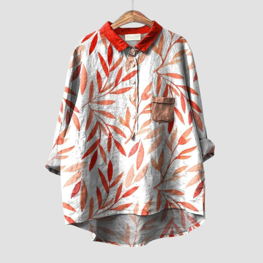 Marcella | Oversized shirt with red and beige leaf pattern