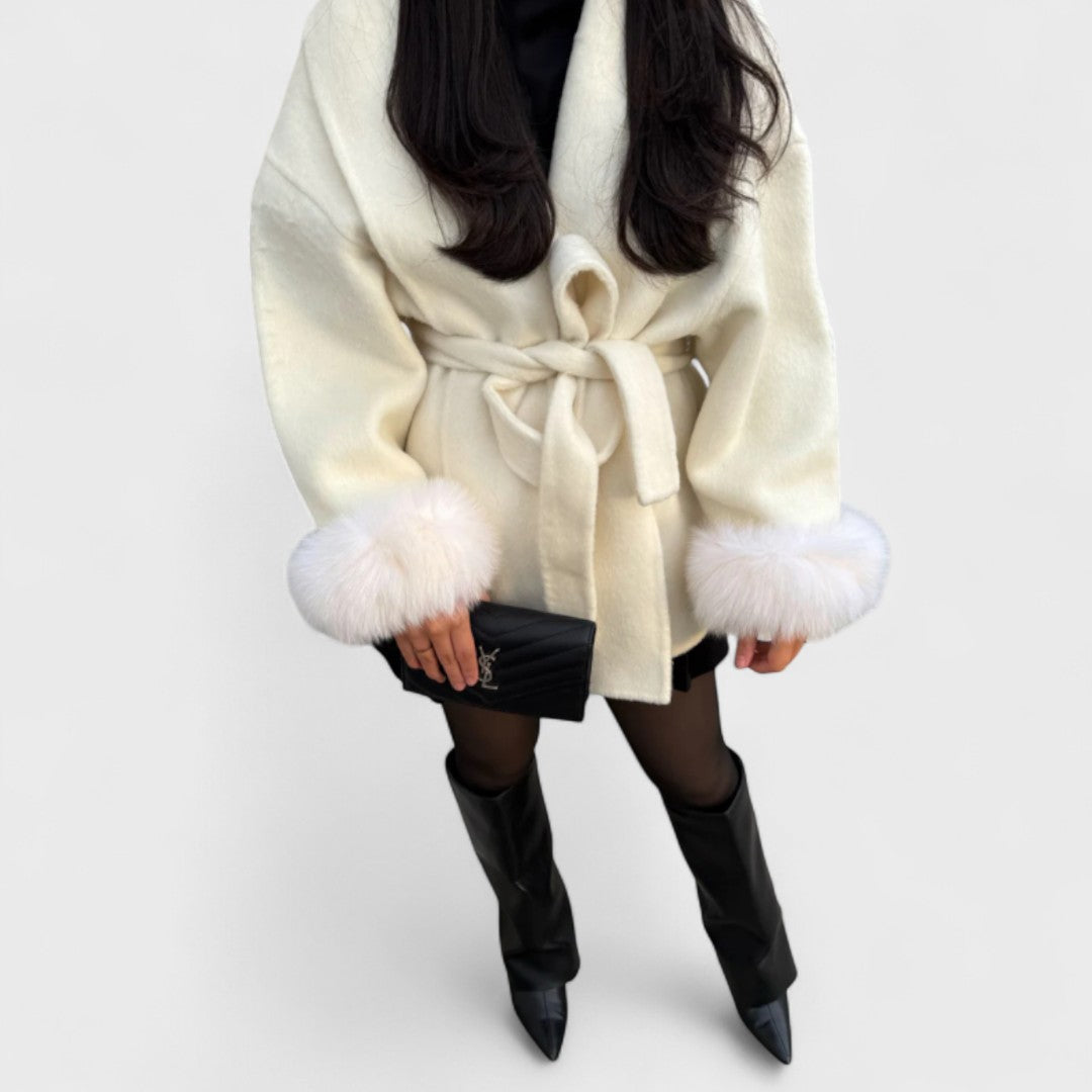 Isaline | Elegant coat with belt and faux fur trim