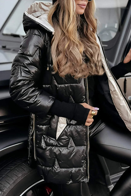 Zephirine | Long, warm quilted jacket with wrap-around hood