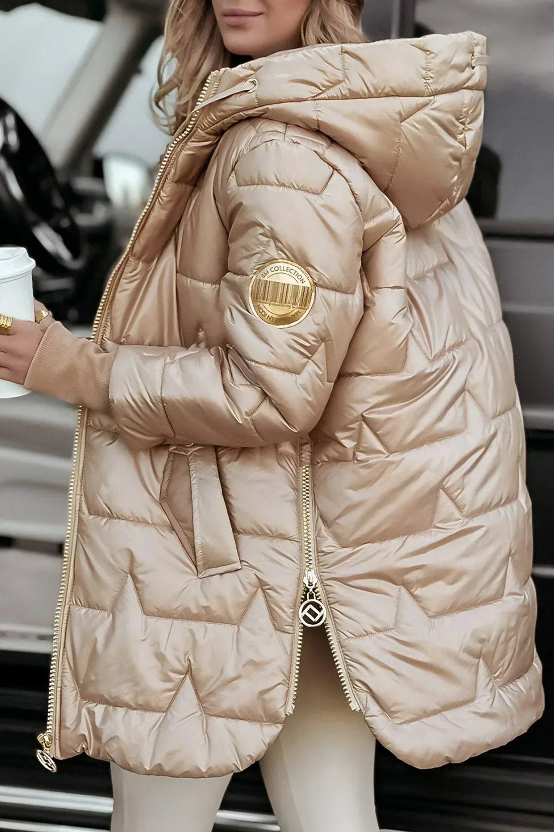 Zephirine | Long, warm quilted jacket with wrap-around hood