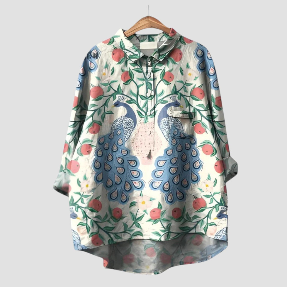 Ornella | Oversized shirt with peacock print and fruity foliage